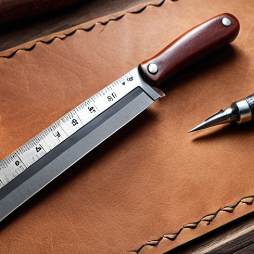 **

A close-up shot of a leather craftsman's workbench. The scene features a sharp roll knife cutting precisely along a paper pattern on vegetable-tanned leather. A metal ruler, a silver pen for marking, and various leatherworking tools (like a stitching awl and edge beveler) are scattered around. Soft, natural light highlights the texture of the leather and the precision of the cutting process. The overall impression should be one of meticulous craftsmanship and attention to detail.

**
