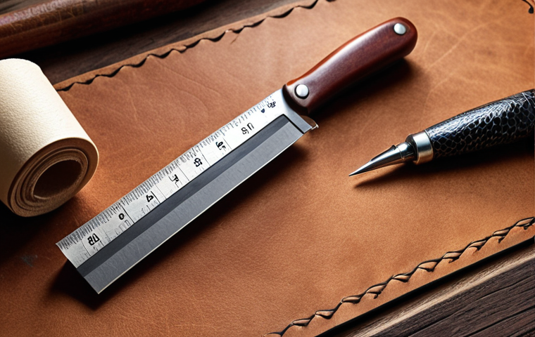 **

A close-up shot of a leather craftsman's workbench. The scene features a sharp roll knife cutting precisely along a paper pattern on vegetable-tanned leather. A metal ruler, a silver pen for marking, and various leatherworking tools (like a stitching awl and edge beveler) are scattered around. Soft, natural light highlights the texture of the leather and the precision of the cutting process. The overall impression should be one of meticulous craftsmanship and attention to detail.

**